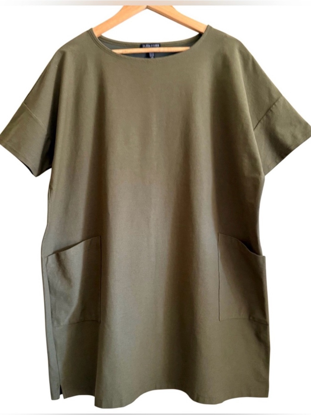 Eileen Fisher Olive Green Short Sleeve Mini Dress w/ pockets, Sz XS, runs large